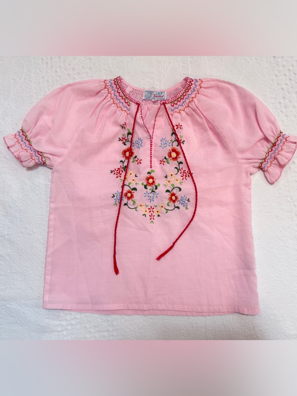 Vintage Girls Pink Embroidered Smocked Peasant Blouse Little Elephant Size 8